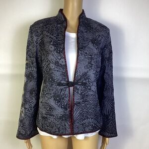 Harari Embroidered Silk Blazer Jacket Grey Black Sz S